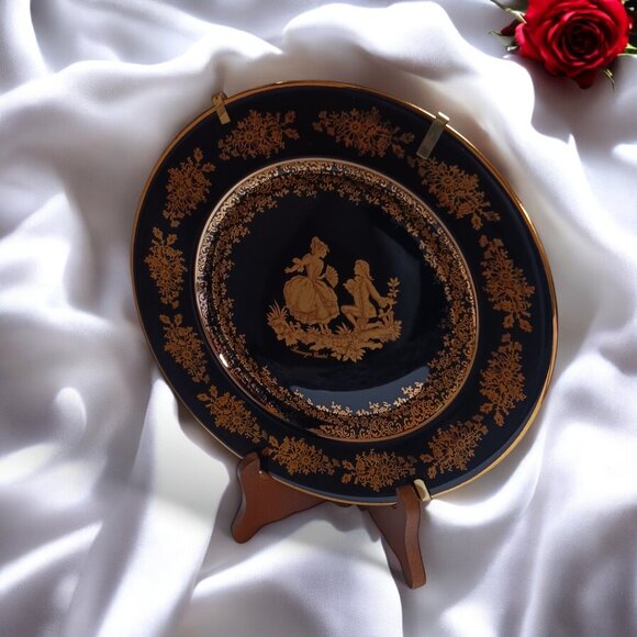 Vintage Limoges Castel France Porcelain Plate - 22K Gold Trim, Cobalt Blue, 8.5" - Picture 1 of 9